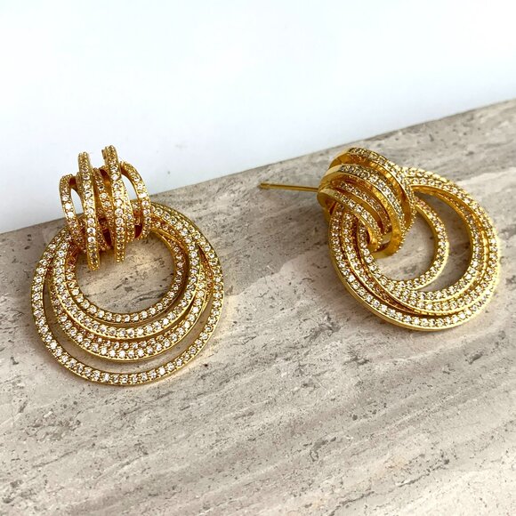 NEW~ Anthropologie Shashi Roux Gold & Cubic Zirconia Door Knocker Earrings - Picture 2 of 12